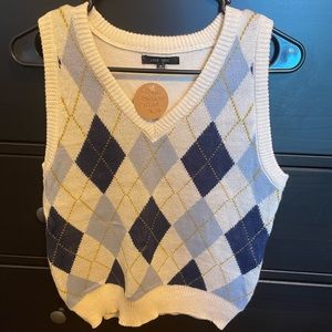 Boutique sweater vest, blue, cream, and yellow argyle